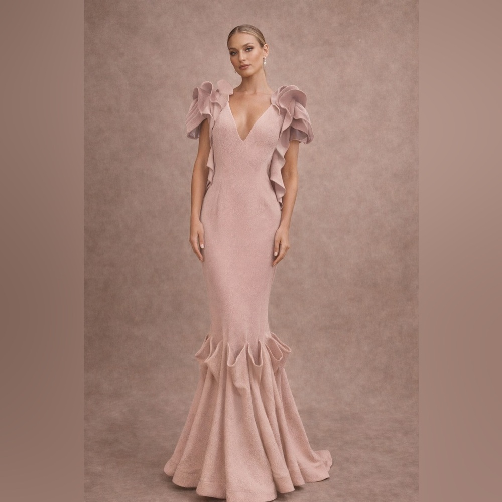 Elegant Ruffled Pink Evening Gown